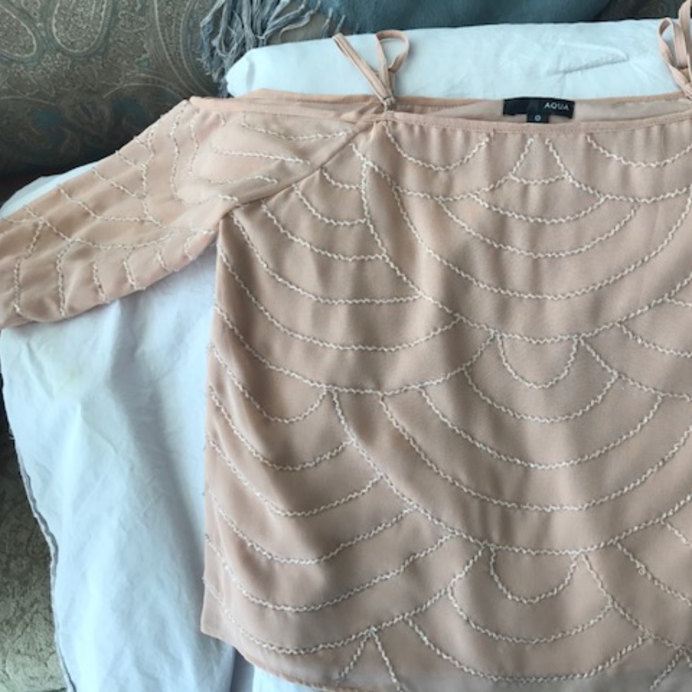 Beaded open shoulder top.  Short Sleeved.  Size M